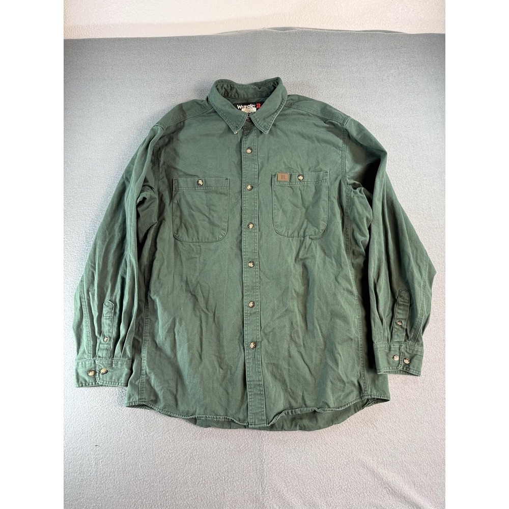 Wrangler Riggs Mens XL Green Canvas Long Sleeve Button Up Workwear 103W501FG